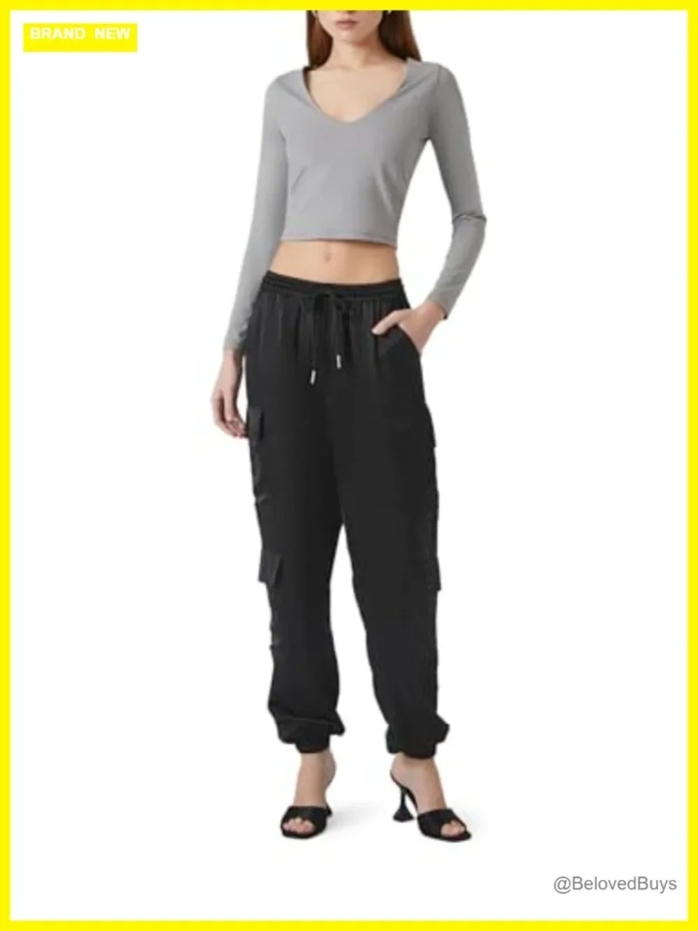 Satin Mid-Rise Cargo Pants with Drawstring Waist